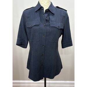 Adolfo Dominguez Women Sz 40 S/M Blue Short Sleeve Button Camp Shirt‎ Top Linen